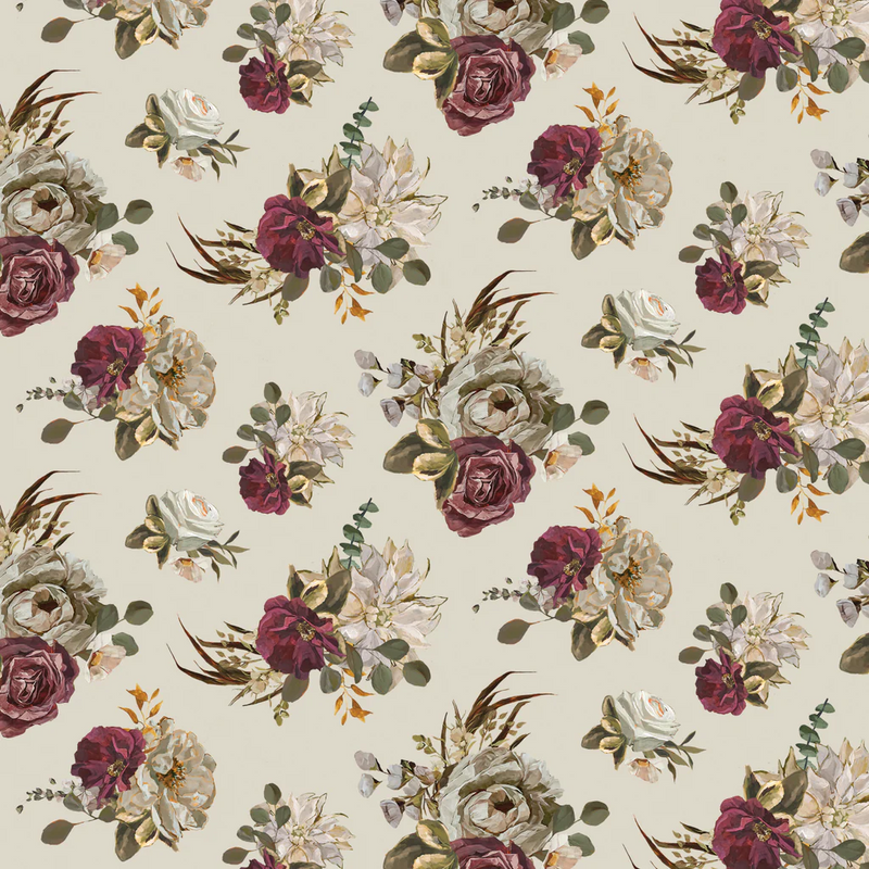 Floral pattern with purple and white flowers on a beige background