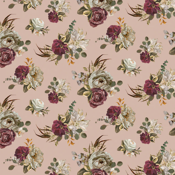Floral pattern with purple and white flowers on a pink background