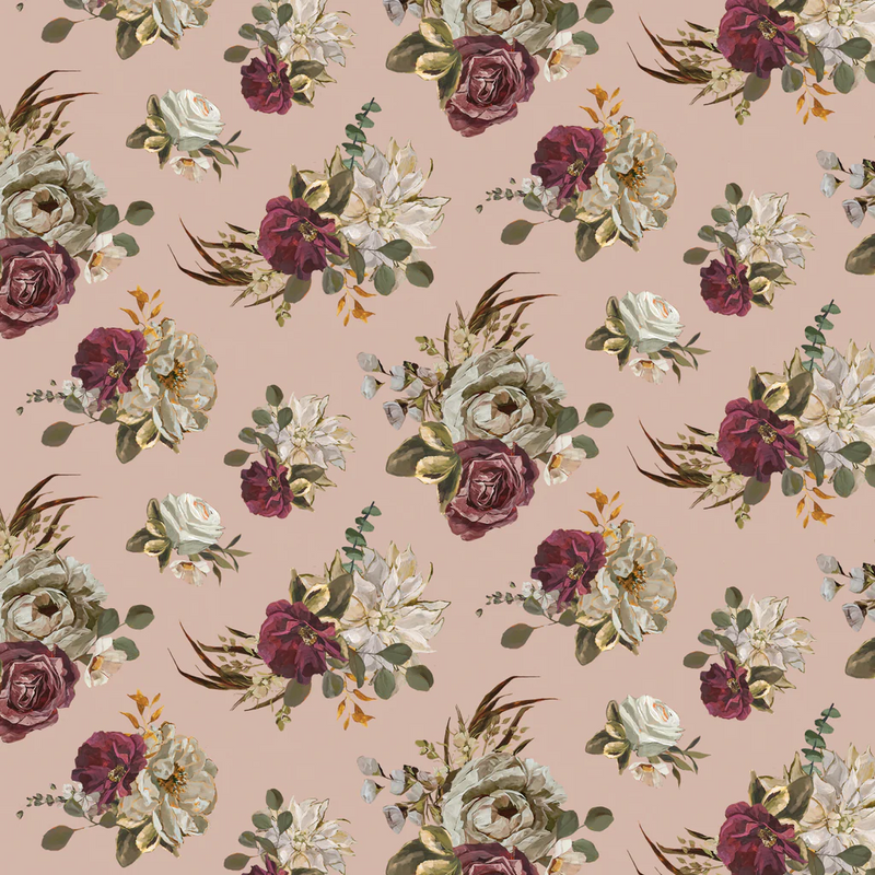Floral pattern with purple and white flowers on a pink background