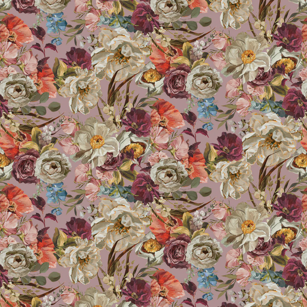 Floral pattern with various flowers on a pink background