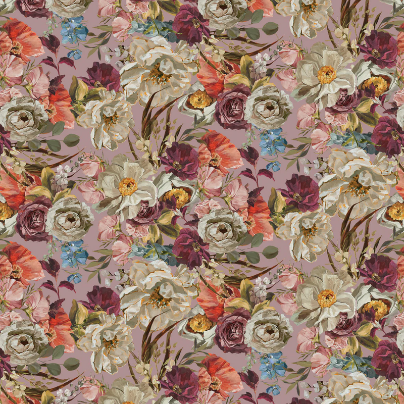 Floral pattern with various flowers on a pink background