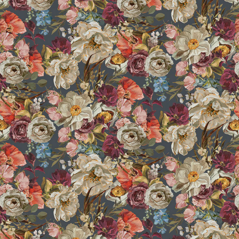 Pattern of colorful flowers on a dark background