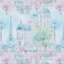 A repeating watercolor-style pattern featuring pastel Parisian buildings, domes, trees, street lamps, and outdoor café tables and chairs in soft pink, blue, and green tones.