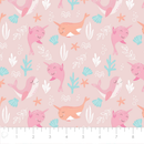 A repeating underwater-themed pattern on a light pink background, featuring smiling pink and peach narwhals, white seaweed, blue shells, and orange starfish. A white ruler is visible along the bottom edge to show scale.