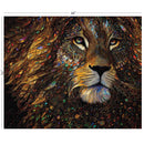 Colorful mosaic of a lion's face with dimensions 36" x 44".