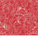 Patterned fabric with Adirondack chairs, trees, and 'Into the Woods' text on a red background.