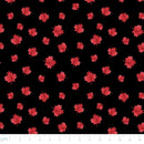 Red maple leaves pattern on a black background with a fabric swatch at the bottom.