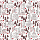 Pattern with trees, text, and red accents on a white background