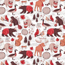 Pattern of Canadian animals and text on a white background