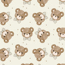 Pattern of cute brown teddy bears with bow ties on a light beige background