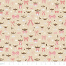 Pattern of cocktail glasses, coffee beans and pink bows on a beige background