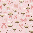 Pattern of cocktail glasses, bows, and coffee beans on a pink background