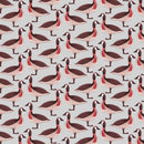 Pattern of illustrated geese with red necklaces on a light blue background
