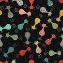A Swatch of the pattern "Cat's Meow" for the Arrow Hydraulic Sewing Chair featuring tossed colorful cats on a black speckled background. 