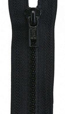 Coats and Clark Separatin Sport Zipper 30" (76 cm) Black F43-30-2 A close up of a 30" black separating zipper for jackets, sweaters, or crafts on a black background