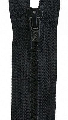 Coats and Clark Separatin Sport Zipper 30" (76 cm) Black F43-30-2 A close up of a 30" black separating zipper for jackets, sweaters, or crafts on a black background
