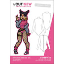 Patternmaking card for style 040 from Cut/Sew, featuring a colorful illustrated character wearing a pink and gray bodysuit alongside black line drawings of the bodysuit front and back views. The card includes branding, size information, and a pink design block on a white background.