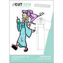 Sewing pattern packaging with a cartoon character and kimono design, featuring the brand '//CUT/SEW'.
