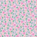Pattern of pink flamingos and green leaves on a pink background