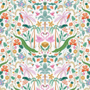 Colorful tropical pattern with flamingos, palm trees, and flowers on a white background