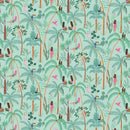 Tropical pattern with palm trees, people, and birds on a light blue background