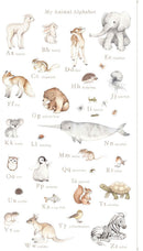 Alphabet chart with illustrations of animals from A to Z on a white background