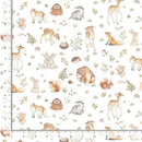 Watercolor woodland animal fabric pattern on a white background, featuring deer, rabbits, foxes, hedgehogs, squirrels, and small plants with ruler markings along the left and bottom edges.
