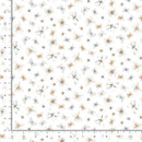 A repeating fabric pattern featuring delicate watercolor-style butterflies, flowers, and small stars in soft beige, brown, blue, and gray tones on a white background, with measurement rulers visible along the left and bottom edges.