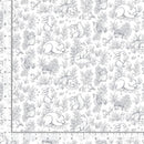 A repeating fabric pattern featuring black line art illustrations of woodland animals, including rabbits, squirrels, owls, birds, and plants, on a white background. A ruler scale is visible along the left and bottom edges.