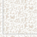 A repeating fabric pattern featuring delicate brown line drawings of rabbits, squirrels, hedgehogs, owls, and leafy plants on an off-white background, with ruler markings along the left and bottom edges.