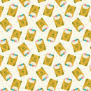fabric swatch patterned with tossed yellow crayon boxes on a white background. The background is speckled with colorful dots.