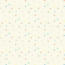 Fabric patterned with scattered multicolor dots on a cream background. 