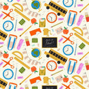 Pattern of school supplies including clocks, apples, backpacks, and scissors on a white background.