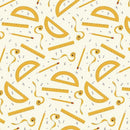 Pattern of yellow rulers, protractors, and pencils on a white background