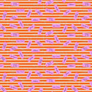 Pattern of pink erasers on a red and tan stripped background. 