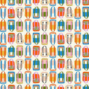Pattern of colorful bags with various designs on a cream background