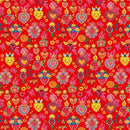 Colorful heart and sun pattern on a red background