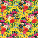 Pattern of colorful flowers and Frida Khalo on a yellow background