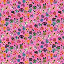 Colorful pattern of stylized sugar skulls and flowers on a pink background
