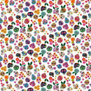 Colorful pattern of sugar skulls and flowers on a white background