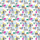 Pattern of colorful geometric shapes on a white background