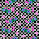 Pattern of green boomboxes with pink roses on a black and gray checkered background