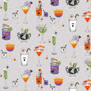 Halloween-themed cocktail pattern on a gray background