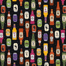 Pattern of assorted potion bottles and cans on a black background speckled with stars. 