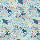 Dear Stella Wanderlust Vitamin Sea Pool STELLA-D3426 POOL 100% Cotton Fabric Digital Print 44/45" wide - a cotton fabric swatch featuring whales, dolphins, sharks, turtles, seahorses, fish, and flowers on a light blue background