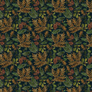 Fabric patterned with fir leaves and pinecones on a dark background