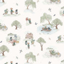 Illustrated pattern with people, trees, and vehicles on a light background