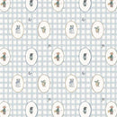 Patterned fabric with cartoon characters in ovals on a checkered background
