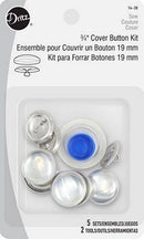 Dritz cover button kit packaging with buttons and tools on a white background