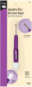 A Dritz brand seam-fix mini seam ripper. The seam riper is purple with a white rubber cap. 